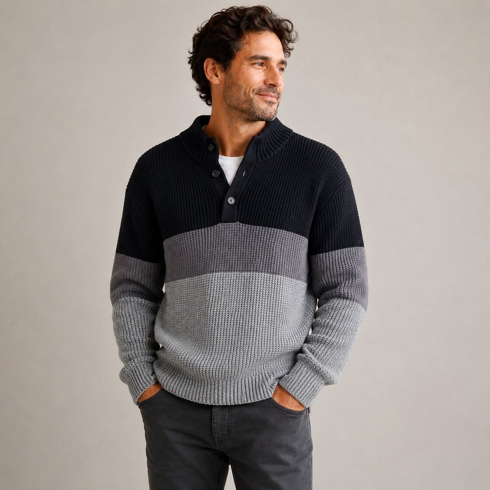 IZOD Sweater Mens L‎ Black Gray Color Block Mock Neck Button Shaker Knit